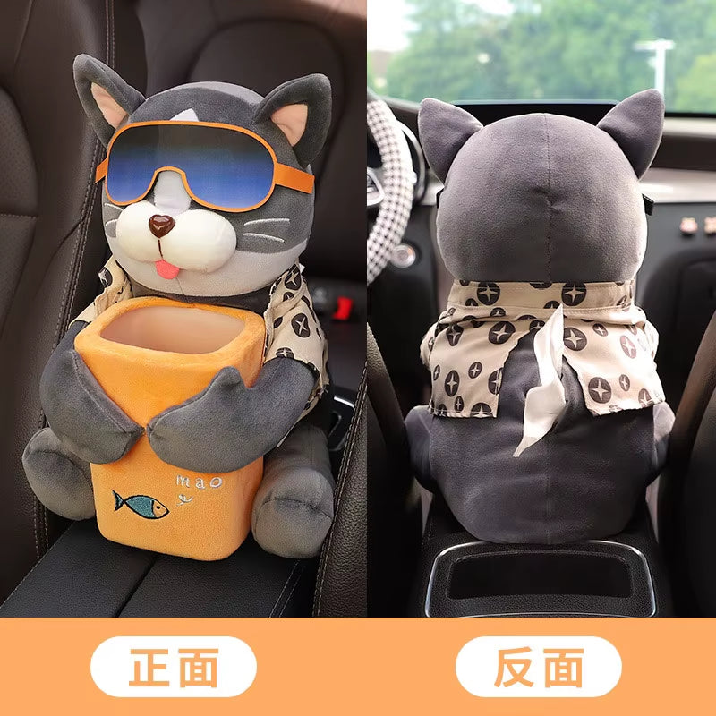 2 in 1 Car Tissue Box Doll Cartoon Garbage Can Dog Monkey Rabbit Short Plush Car Tissue Holder Car Tissue Box Car Accessories