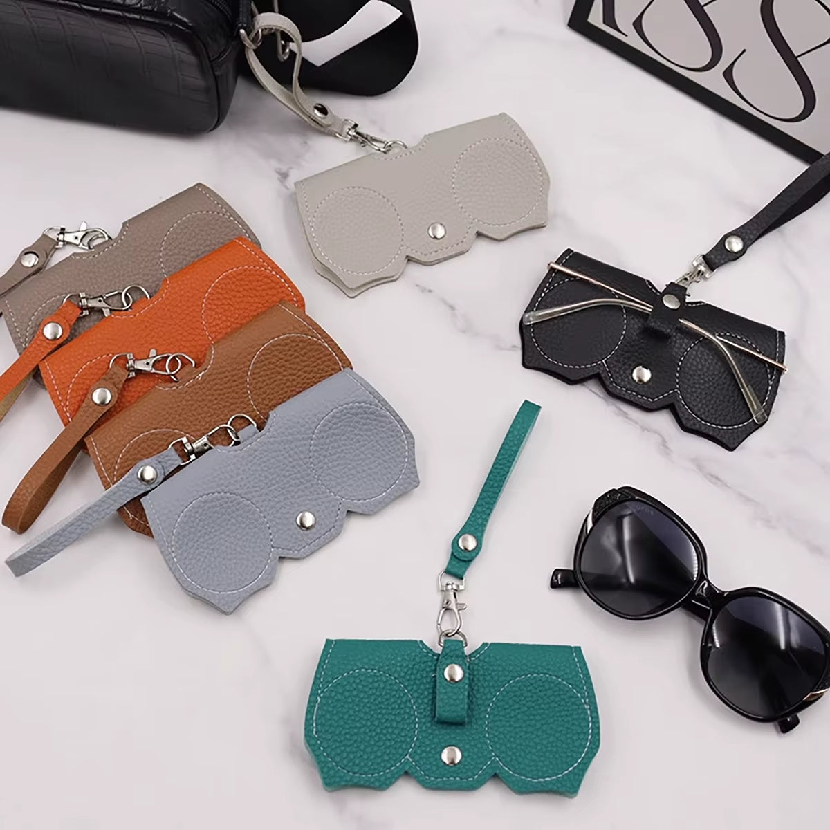 1Pc Litchi Embossed Glasses Cover Cute Hanging PU Leather Sunglasses Reading Glasses Storage Bag Portable Travel Eyewear Holder