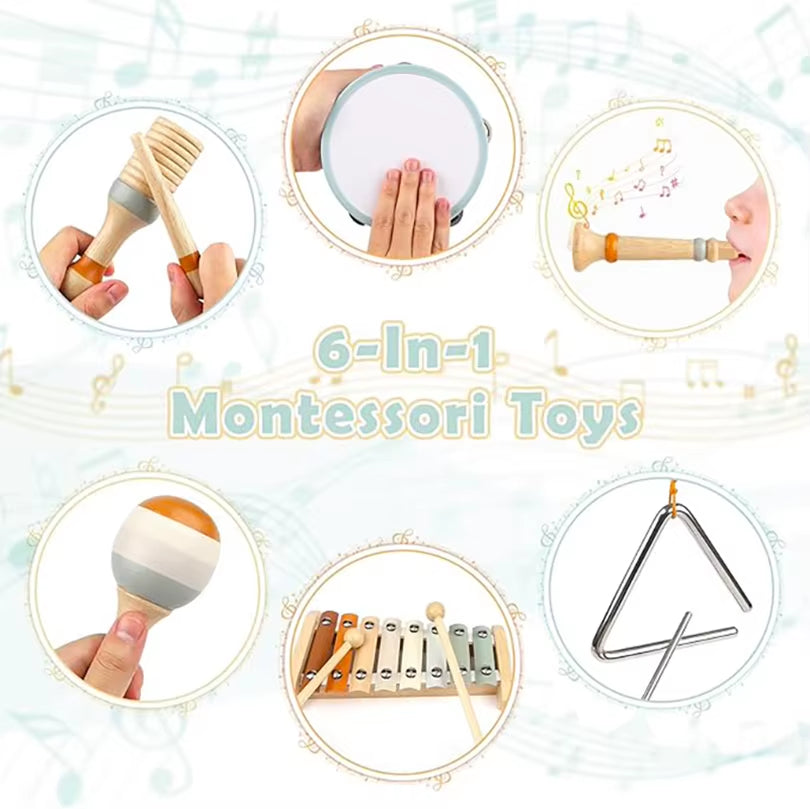 Baby Musical Instruments Wooden Toys Montessori Percussion Instruments Drut Set with Xylophone Preschool Educational Kids Gifts