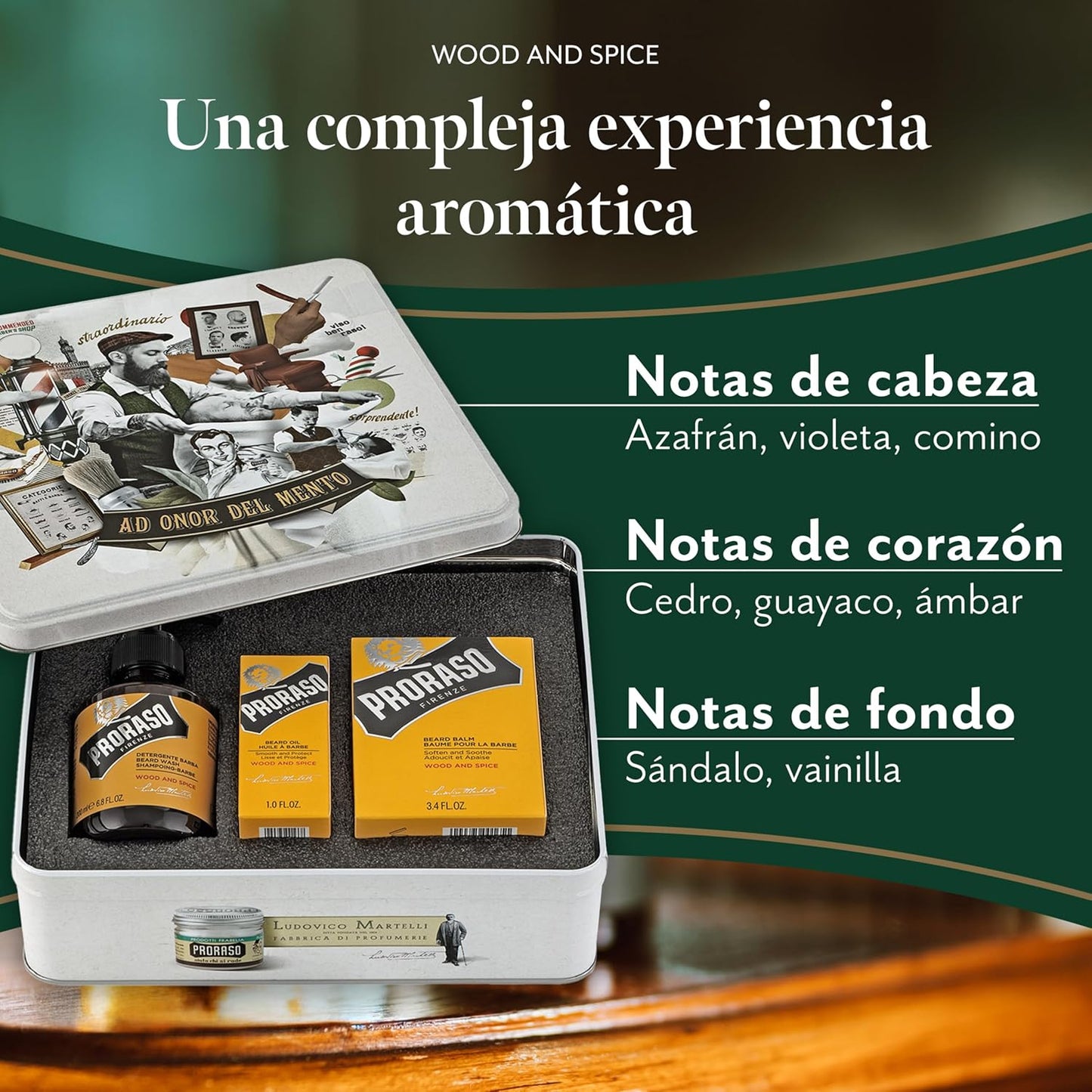 Proraso Kit De Cuidado Barba Hombre Wood & Spice (Pack Trío), Lujoso Set De Regalo Para Hombre Con Champú, Aceite Y Bálsamo Para La Barba, Made in Italy