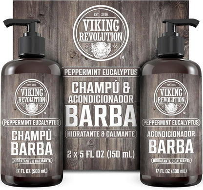 Viking Revolution Juego De Champú Y Acondicionador De Barba Con Aceites De Argán Y Jojoba - Champú Barba Hombre Que Suaviza, Alisa Y Fortalece El Crecimiento - Aroma Natural Menta Y Eucalipto 2X500 Ml