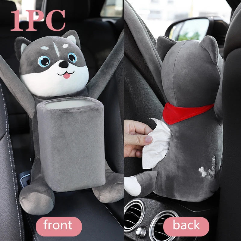 2 in 1 Car Tissue Box Doll Cartoon Garbage Can Dog Monkey Rabbit Short Plush Car Tissue Holder Car Tissue Box Car Accessories