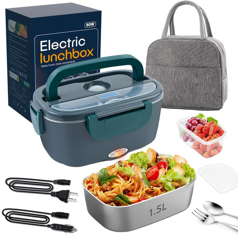 Electric Lunch Box Portable Food Warmer for Adults, 80W Food Warmer Lunch Box 1.5&1.8L Stainless Steel Containers & Bags 12V/24V/110V Stainless Steel Containers, Forks, Spoons & Bags for Car/Truck/Work/Outdoor Use