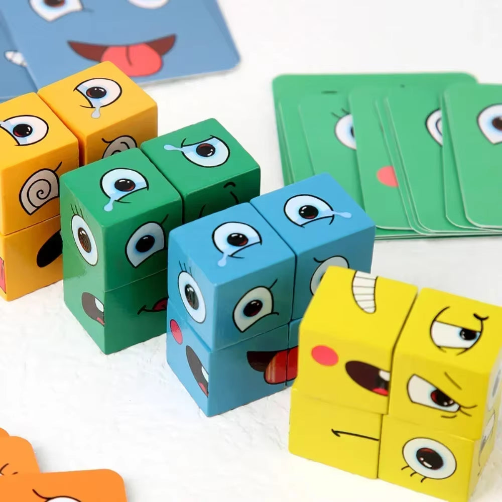 Cube Face Changing Wood Puzzle Building Blocks Board Game Montessori Expression Wooden Blocks Blocos for Children Kids Toys Gift