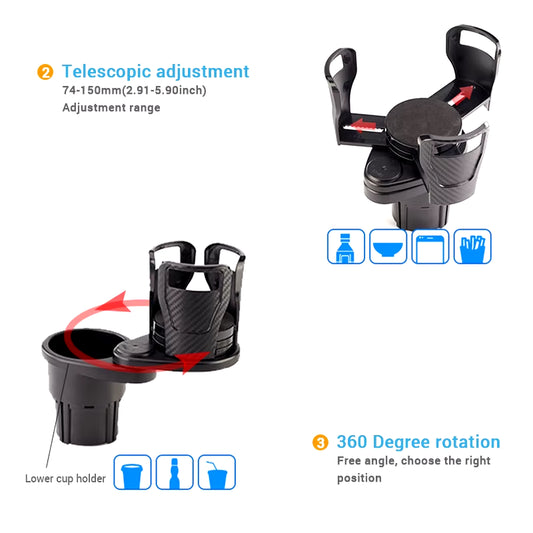 2 in 1 Car Cup Holder Expander 360 Degree Adjustable Base Drink Holder Anti-Shake Stable Auto Bottle Holder Organizer