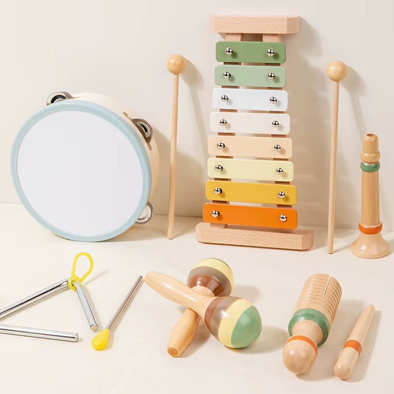 Baby Musical Instruments Wooden Toys Montessori Percussion Instruments Drut Set with Xylophone Preschool Educational Kids Gifts