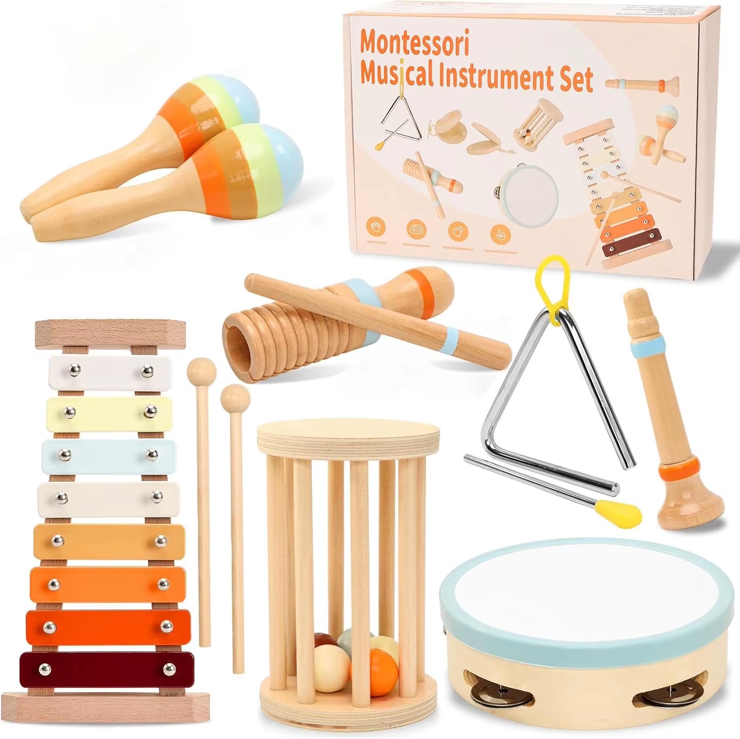 Baby Musical Instruments Wooden Toys Montessori Percussion Instruments Drut Set with Xylophone Preschool Educational Kids Gifts