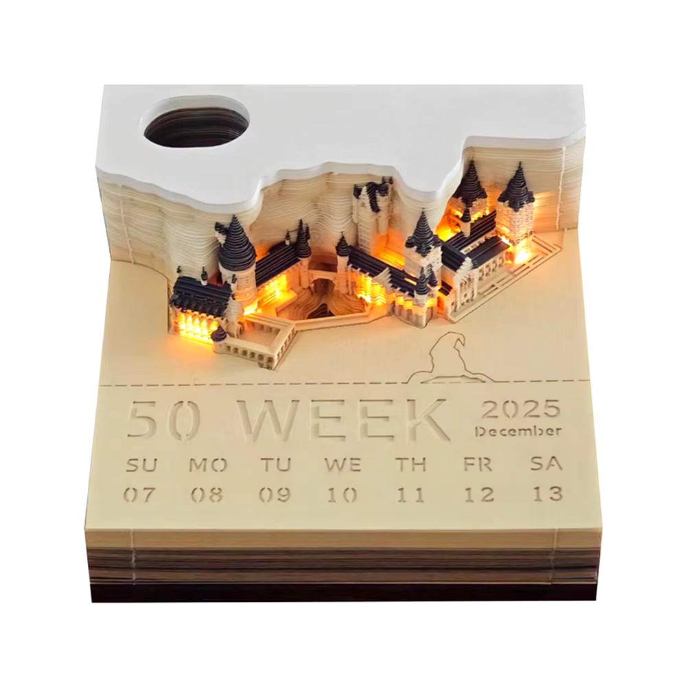 3D Memo Pad, 2024 Desk Calendar Memo Pad, 3D Magic Castle Weekly Calendar Notepad with Light Stationery Accessories