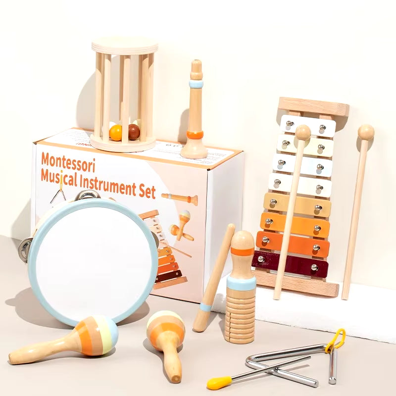 Baby Musical Instruments Wooden Toys Montessori Percussion Instruments Drut Set with Xylophone Preschool Educational Kids Gifts