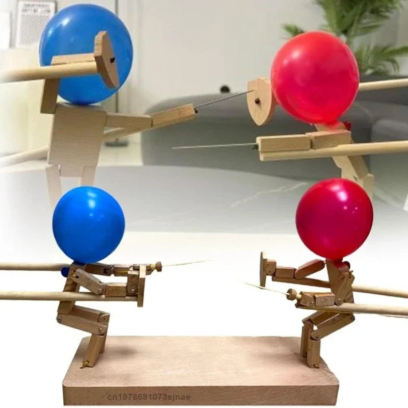 Balloon Battle Handmade Wooden Fencing Puppet Head Inflatable Wooden Fighter Fast Paced Balloon Battle Game for 2 Players