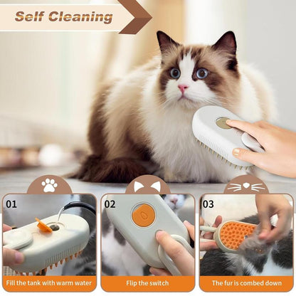 Steam Brush for Cats & Pets - 3 in 1 Steamer for Grooming, Deshedding, and Taming Animal Fur (Brown)