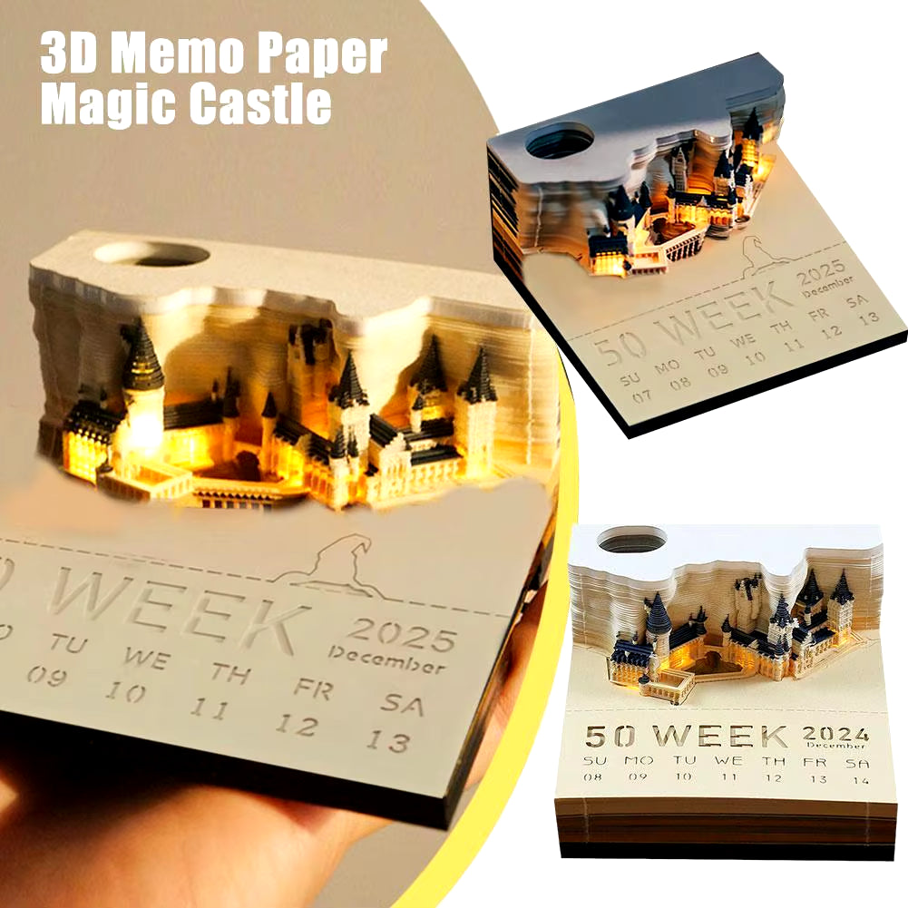 3D Memo Pad, 2024 Desk Calendar Memo Pad, 3D Magic Castle Weekly Calendar Notepad with Light Stationery Accessories