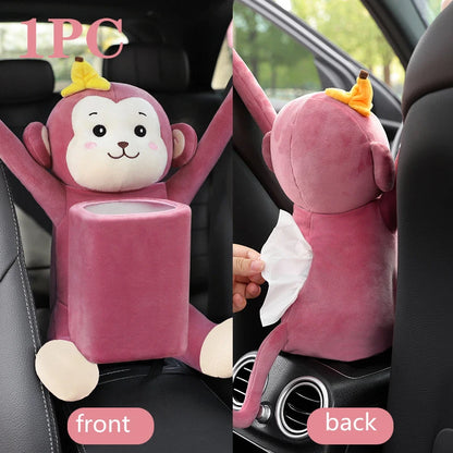 2 in 1 Car Tissue Box Doll Cartoon Garbage Can Dog Monkey Rabbit Short Plush Car Tissue Holder Car Tissue Box Car Accessories