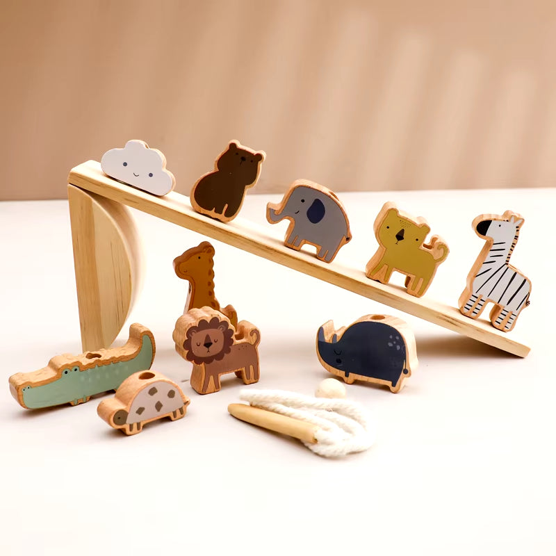 Baby Animal Threading Seesaw Toys Wooden Stacking Toys Blocks Game Montessori Hands-On Balance Ability Educational Children Gift