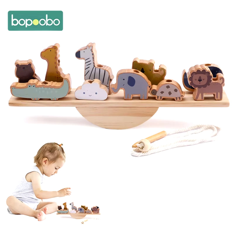 Baby Animal Threading Seesaw Toys Wooden Stacking Toys Blocks Game Montessori Hands-On Balance Ability Educational Children Gift