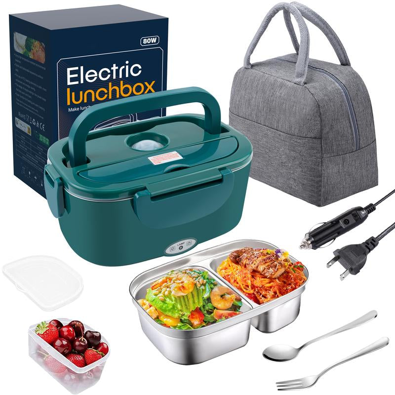 Electric Lunch Box Portable Food Warmer for Adults, 80W Food Warmer Lunch Box 1.5&1.8L Stainless Steel Containers & Bags 12V/24V/110V Stainless Steel Containers, Forks, Spoons & Bags for Car/Truck/Work/Outdoor Use