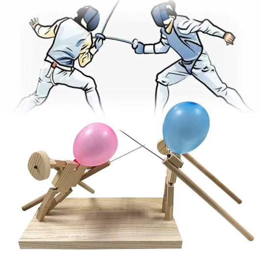 Balloon Bamboo Man Battle Handmade Wooden Fencing Puppets Wooden Bots Battle Game Two-Player Fast-Paced Balloon Battle Game