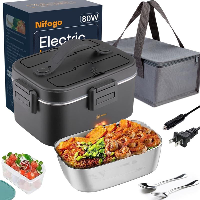 Electric Lunch Box Portable Food Warmer for Adults, 80W Food Warmer Lunch Box 1.5&1.8L Stainless Steel Containers & Bags 12V/24V/110V Stainless Steel Containers, Forks, Spoons & Bags for Car/Truck/Work/Outdoor Use