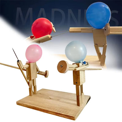 Balloon Bamboo Man Battle Handmade Wooden Fencing Puppets Wooden Bots Battle Game Two-Player Fast-Paced Balloon Battle Game