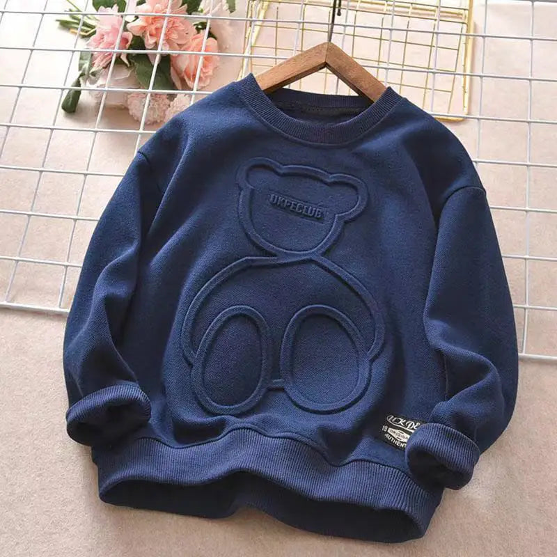Boys' Sweatshirt for Spring and Autumn, New Embossed Stylish Versatile Long-Sleeve T-Shirt for Older Children, Korean Style Base Shirt for Kids