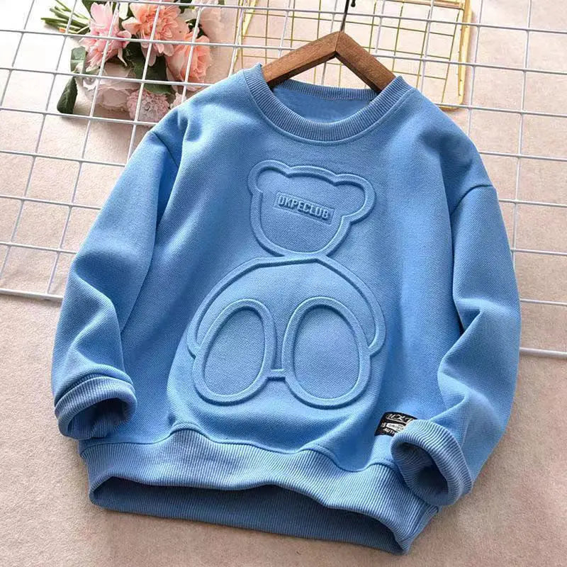 Boys' Sweatshirt for Spring and Autumn, New Embossed Stylish Versatile Long-Sleeve T-Shirt for Older Children, Korean Style Base Shirt for Kids