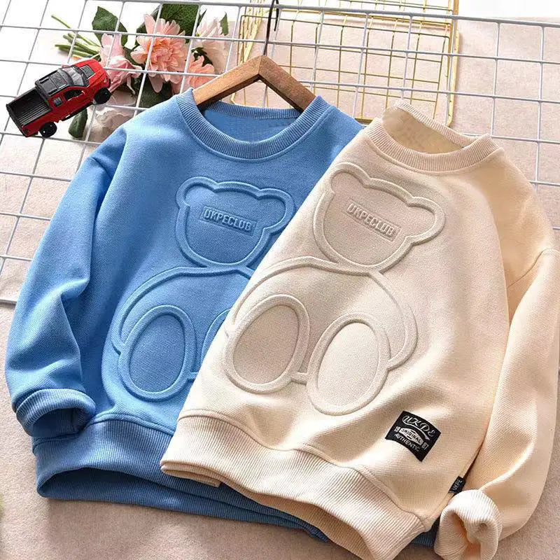 Boys' Sweatshirt for Spring and Autumn, New Embossed Stylish Versatile Long-Sleeve T-Shirt for Older Children, Korean Style Base Shirt for Kids
