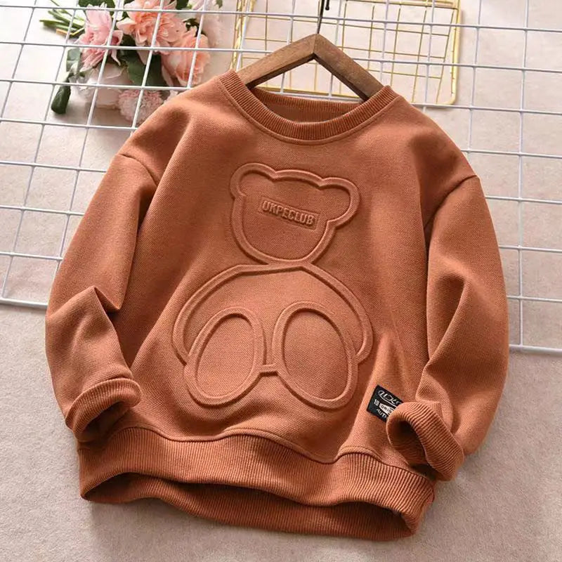 Boys' Sweatshirt for Spring and Autumn, New Embossed Stylish Versatile Long-Sleeve T-Shirt for Older Children, Korean Style Base Shirt for Kids