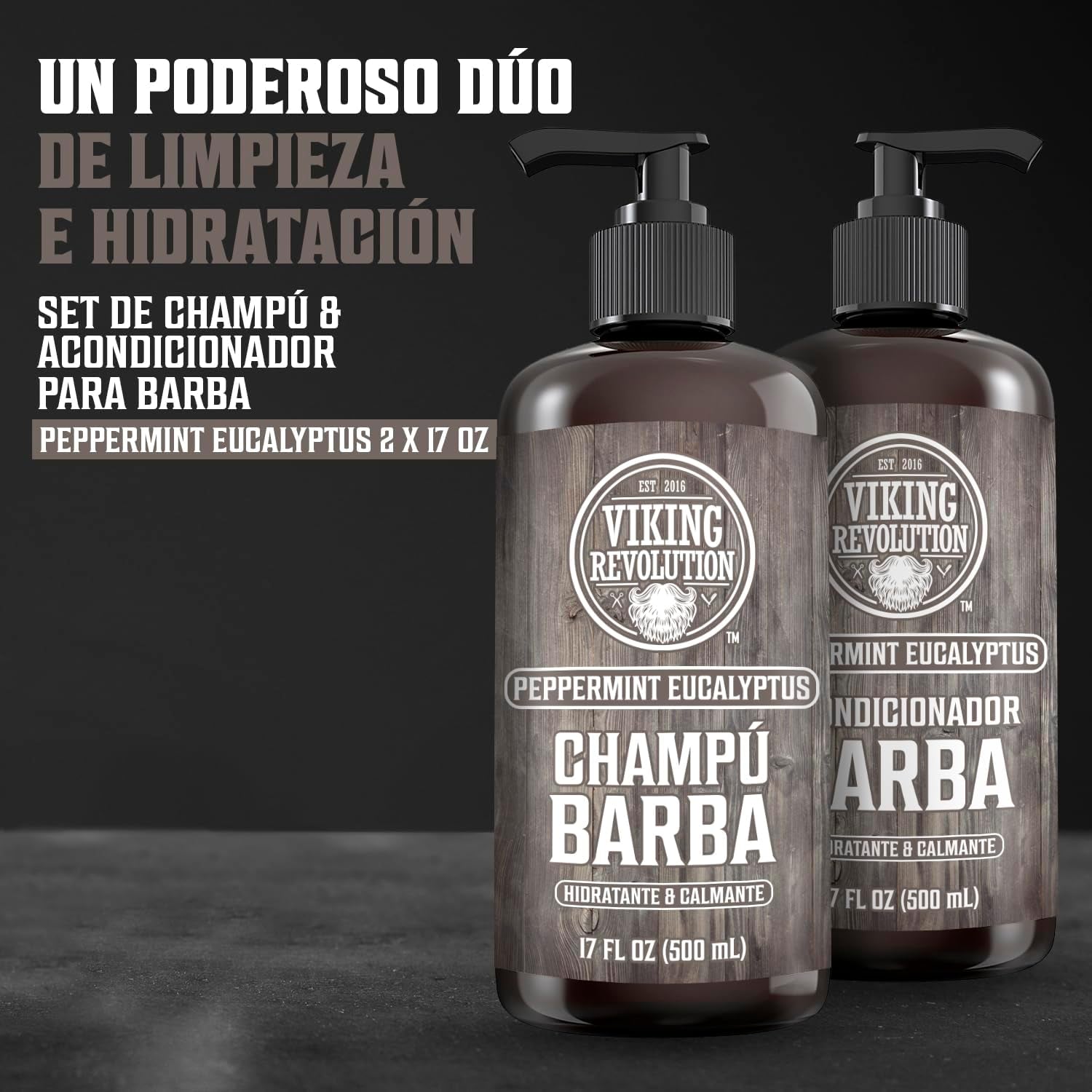 Viking Revolution Juego De Champú Y Acondicionador De Barba Con Aceites De Argán Y Jojoba - Champú Barba Hombre Que Suaviza, Alisa Y Fortalece El Crecimiento - Aroma Natural Menta Y Eucalipto 2X500 Ml