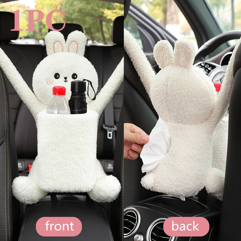 2 in 1 Car Tissue Box Doll Cartoon Garbage Can Dog Monkey Rabbit Short Plush Car Tissue Holder Car Tissue Box Car Accessories