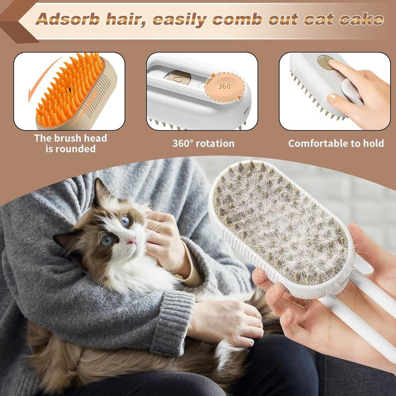 Steam Brush for Cats & Pets - 3 in 1 Steamer for Grooming, Deshedding, and Taming Animal Fur (Brown)