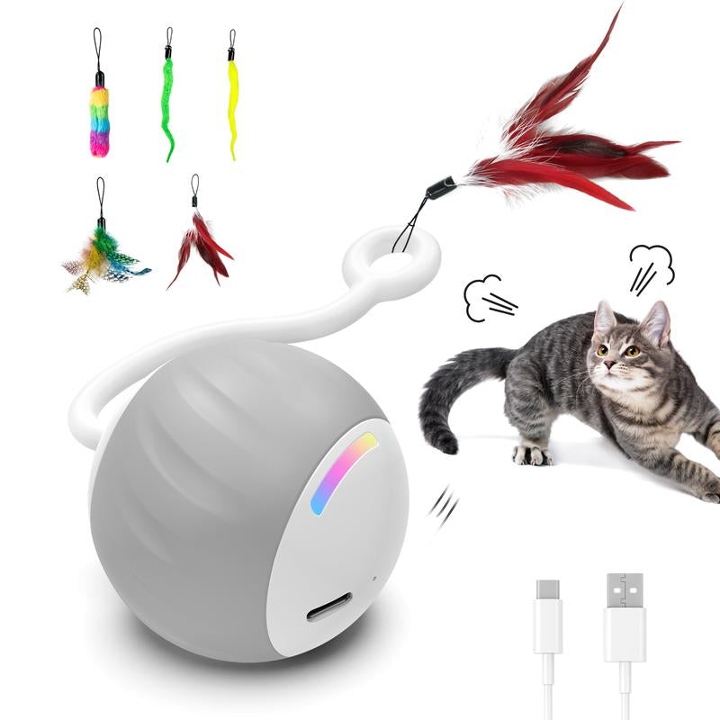 Turbo Tail Cat Toy Interactive Cat Balls Cat Toys for Indoor Cats, Turbo Tail Mouse Cat Toy with LED Rainbow Lights Feathers & USB Charging Cable, Touch Control and Sound Control Smart Cat Ball Toy Exercise Toy Automatic Motion Activate Pettoys