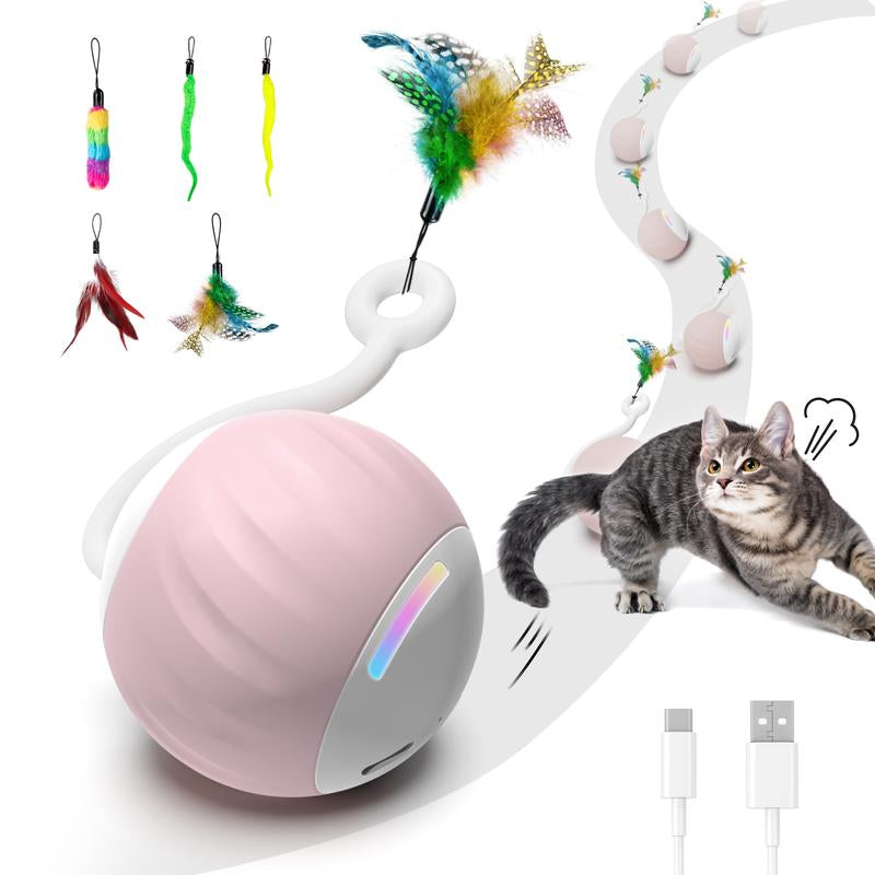 Turbo Tail Cat Toy Interactive Cat Balls Cat Toys for Indoor Cats, Turbo Tail Mouse Cat Toy with LED Rainbow Lights Feathers & USB Charging Cable, Touch Control and Sound Control Smart Cat Ball Toy Exercise Toy Automatic Motion Activate Pettoys