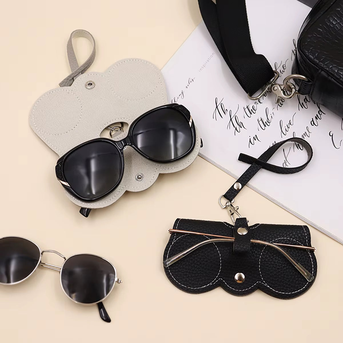 1Pc Litchi Embossed Glasses Cover Cute Hanging PU Leather Sunglasses Reading Glasses Storage Bag Portable Travel Eyewear Holder