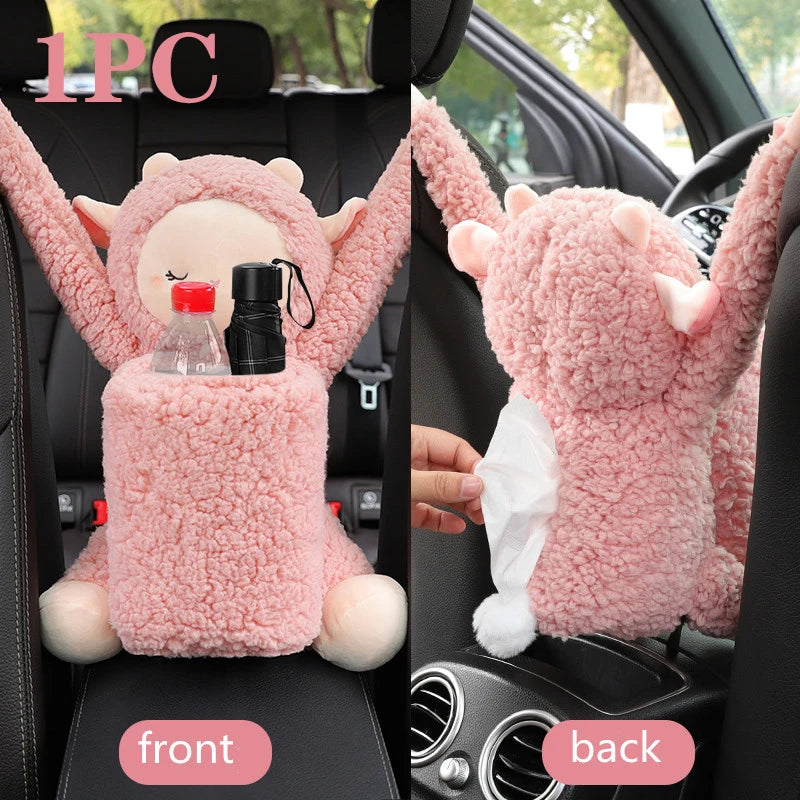 2 in 1 Car Tissue Box Doll Cartoon Garbage Can Dog Monkey Rabbit Short Plush Car Tissue Holder Car Tissue Box Car Accessories