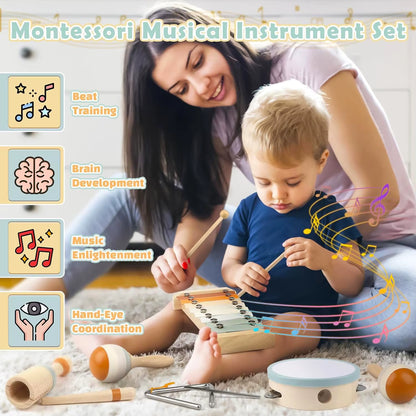 Baby Musical Instruments Wooden Toys Montessori Percussion Instruments Drut Set with Xylophone Preschool Educational Kids Gifts