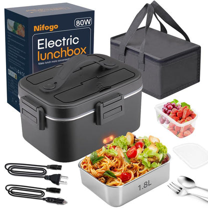 Electric Lunch Box Portable Food Warmer for Adults, 80W Food Warmer Lunch Box 1.5&1.8L Stainless Steel Containers & Bags 12V/24V/110V Stainless Steel Containers, Forks, Spoons & Bags for Car/Truck/Work/Outdoor Use