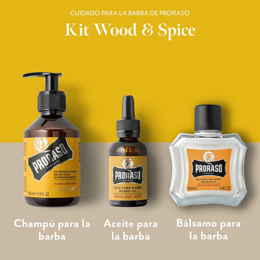 Proraso Kit De Cuidado Barba Hombre Wood & Spice (Pack Trío), Lujoso Set De Regalo Para Hombre Con Champú, Aceite Y Bálsamo Para La Barba, Made in Italy